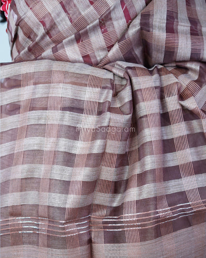 Chocolate Brown Checked Tussar Organza - PD1203