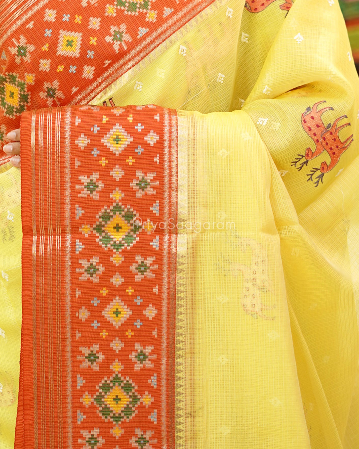 Yellow Wildlife Embroidery Silk Kota - PD741