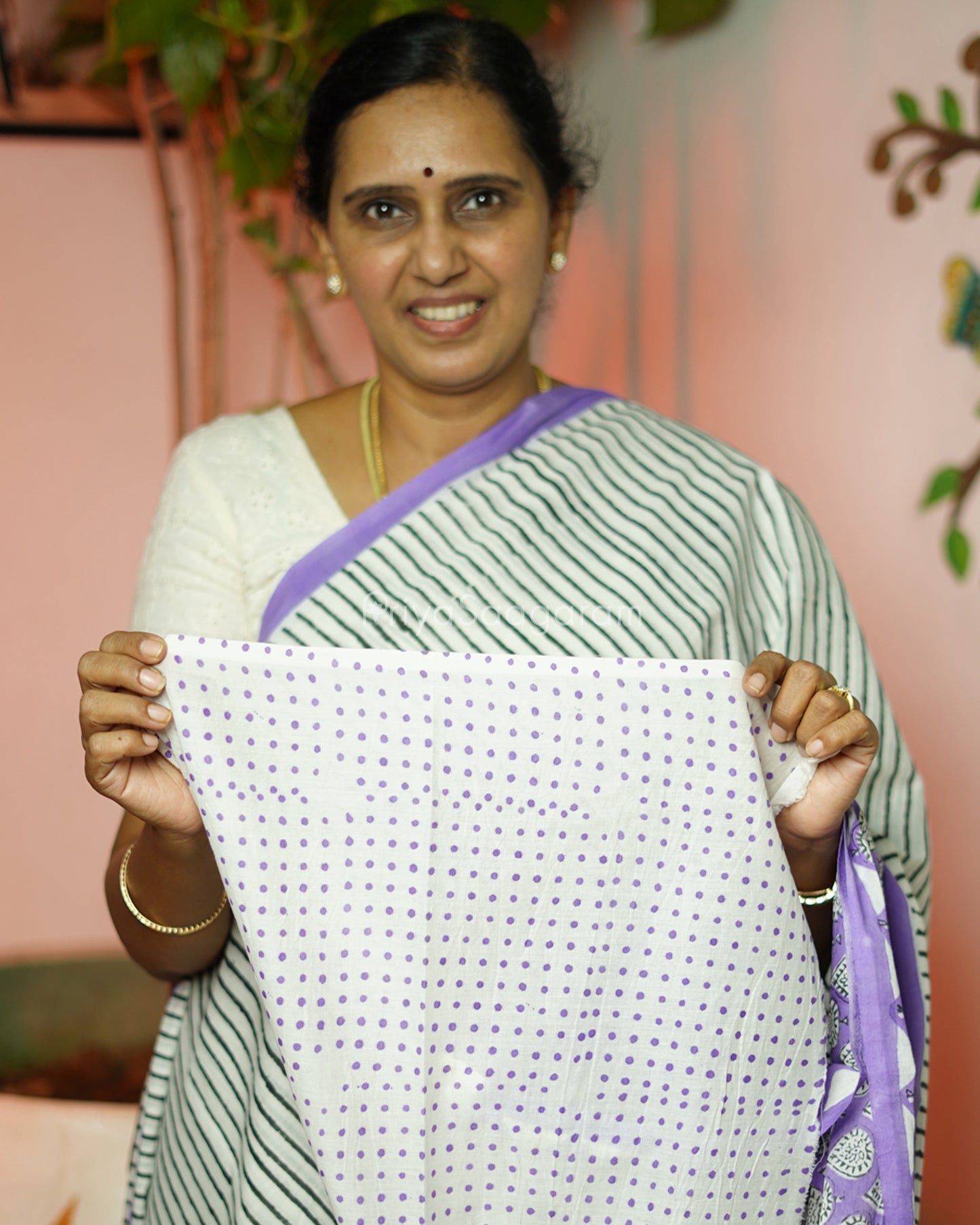 Purple Striped Blockprint Pure Cotton - PD381