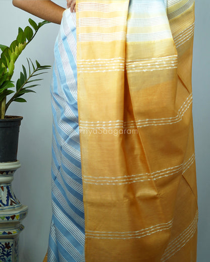 Mango Yellow and Light Blue Embroidery Tussar - PD1297