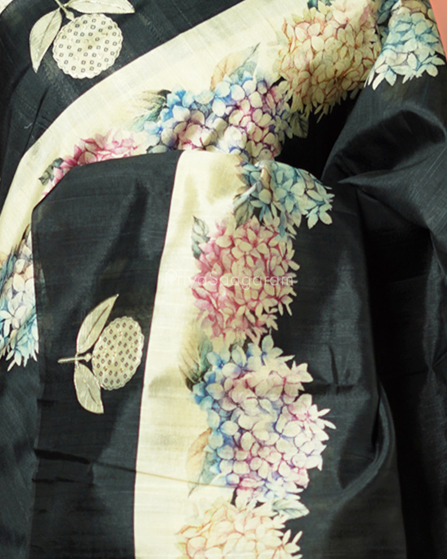 Black Floral Embroidery Tussar - PD803