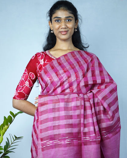 Dark Pink Checked Tussar Organza - PD1205