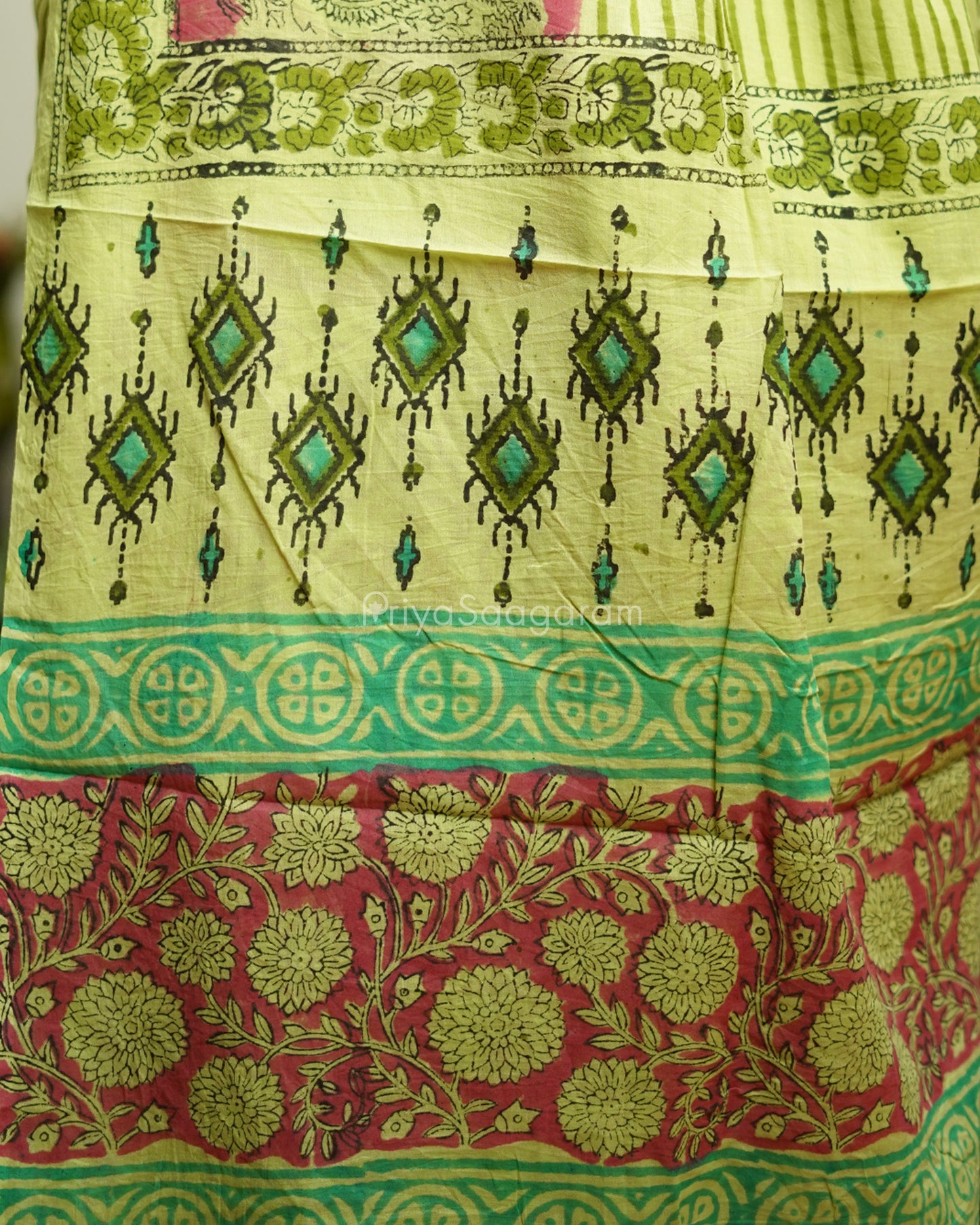 Green Striped Blockprint Pure Cotton - PD374