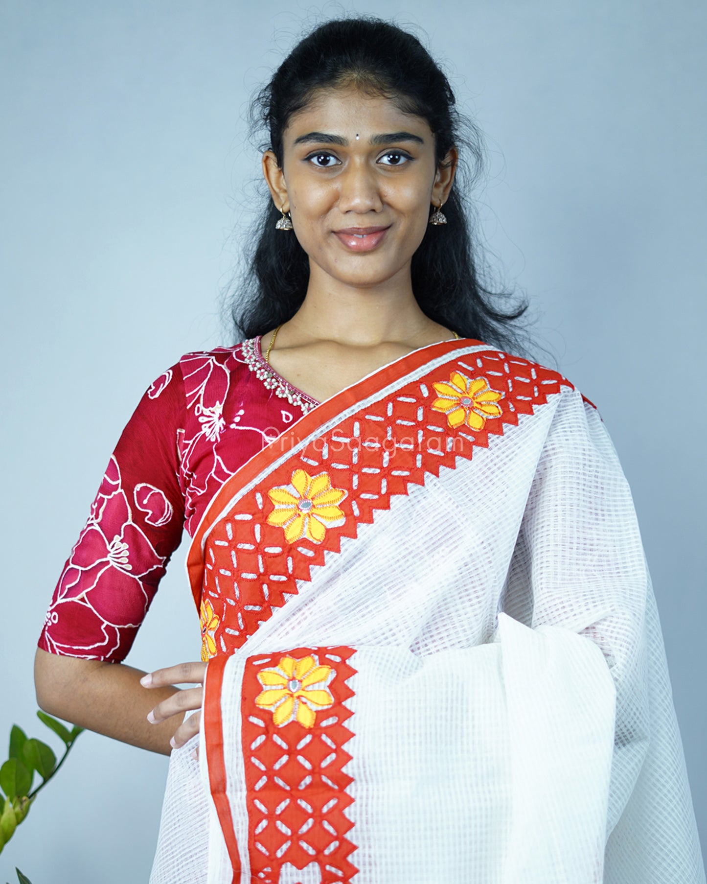 White Red Applique Cotton Kota - PD1419