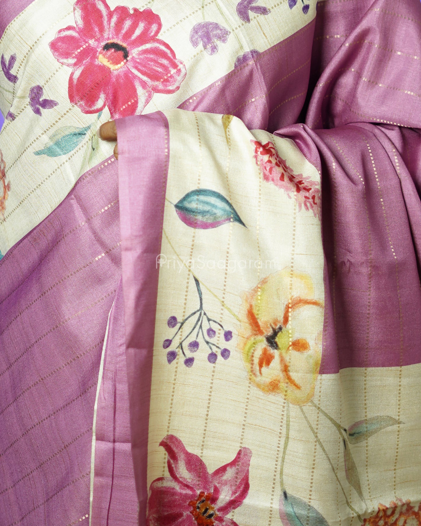 Purple Floral Tussar - PD812