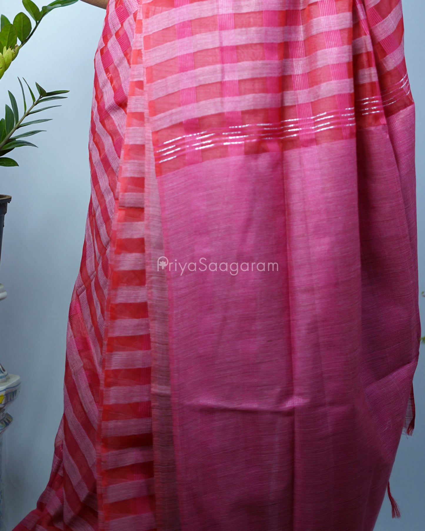 Rouge Pink Checked Tussar Organza - PD1201