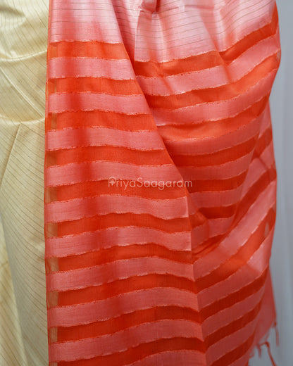Cream Peach Red Tussar Organza - PD1216