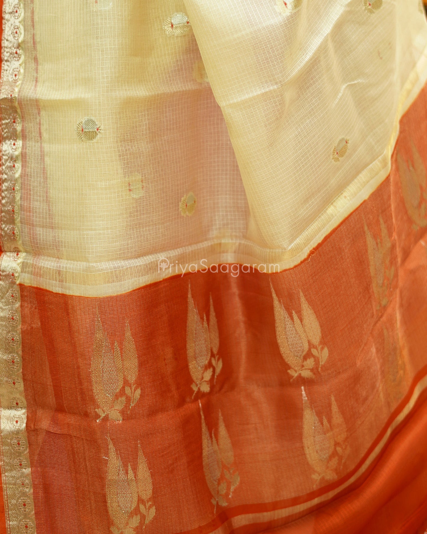 Cream Contrast Orange Silk Kota - PD1052