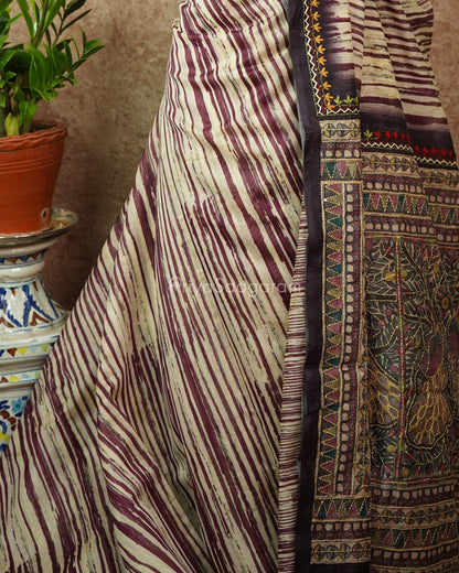 Cream Purple Embroidery Chanderi - PD714