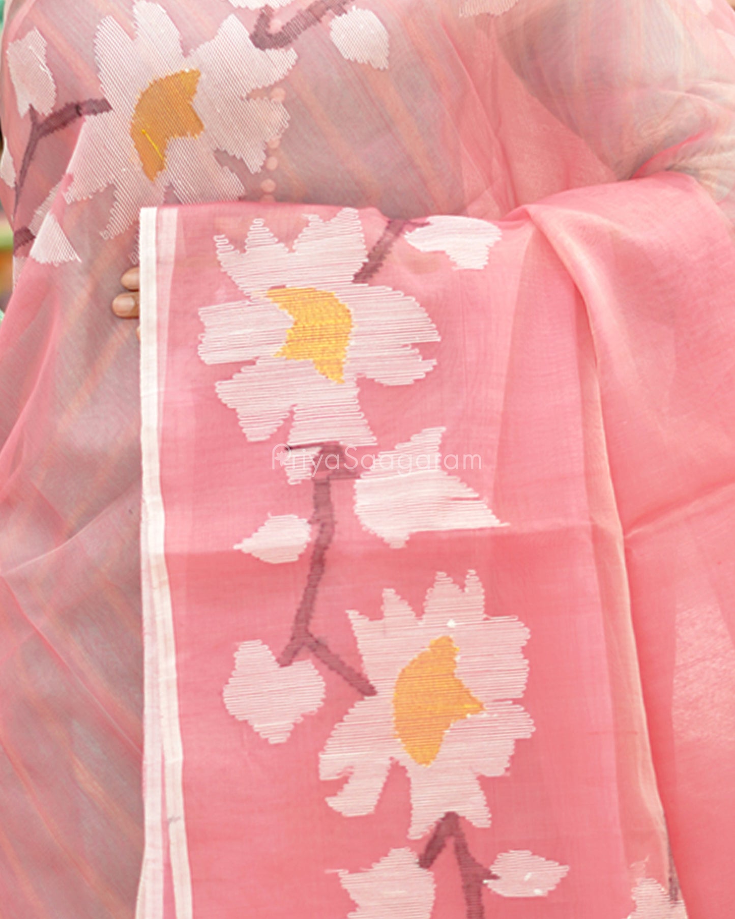 Baby Pink Jamdani Muslin Organza - PD252