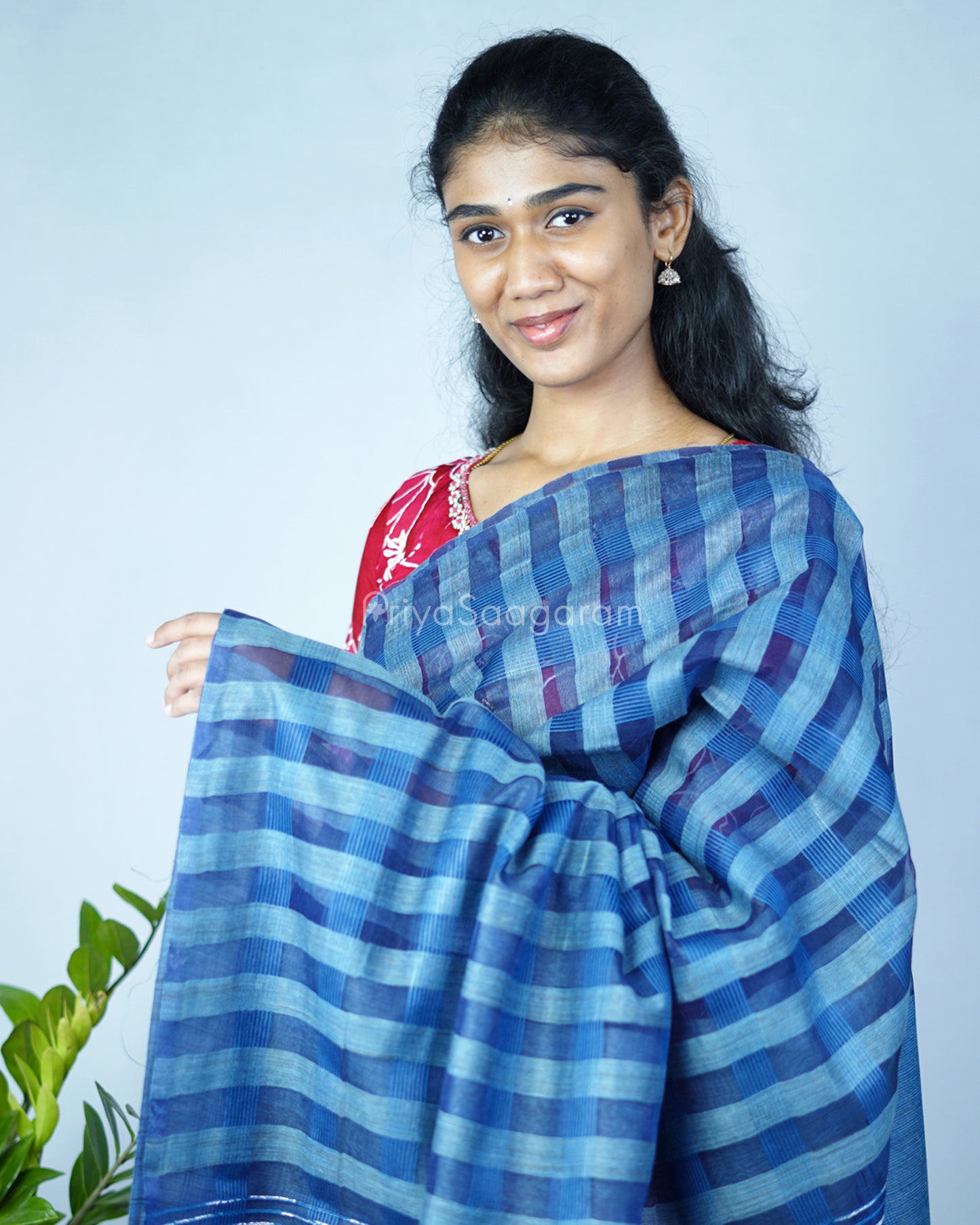 Dark Blue Checked Tussar Organza - PD1202