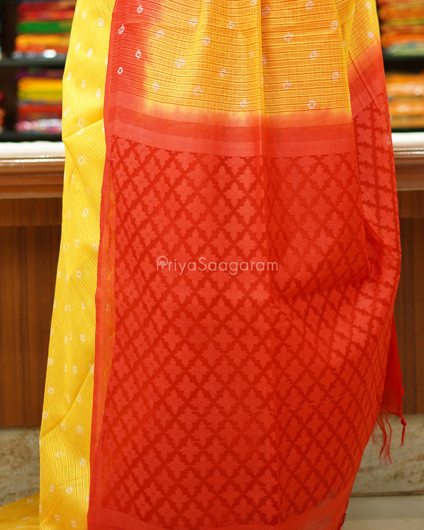 Yellow and Red Bandhini Tussar Organza - PD1199