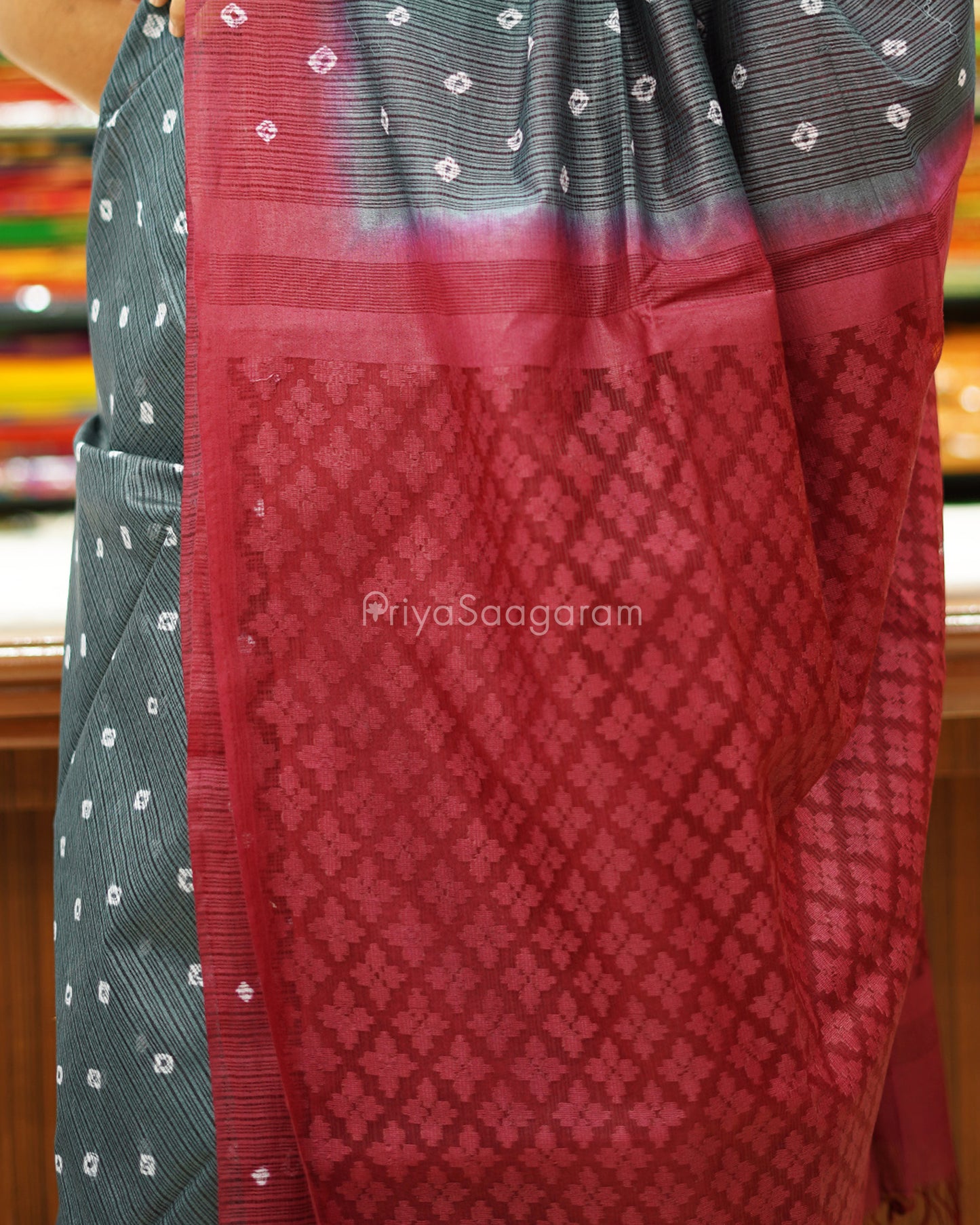 Grey and Maroon Bandhini Tussar Organza - PD1197