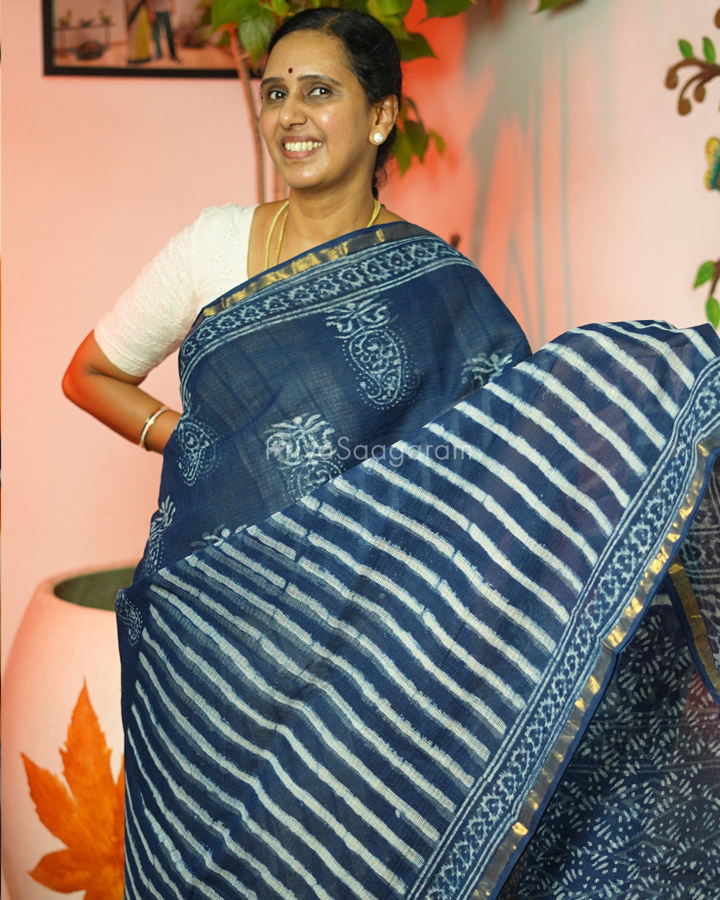 Indigo Dabu Print Kota Doria - PD315