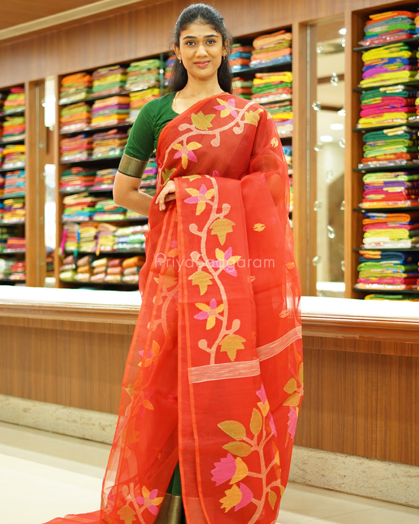 Bright Red Jamdani Muslin Organza - PD256