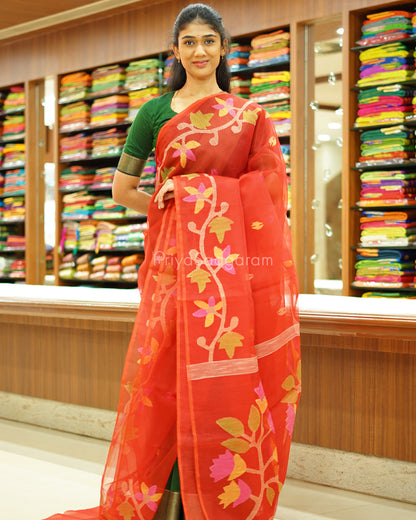 Bright Red Jamdani Muslin Organza - PD256