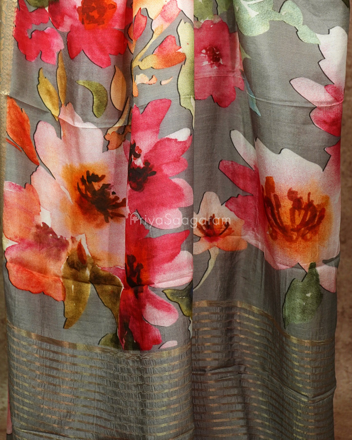 Dark Grey Floral Chiniya Silk - PD990