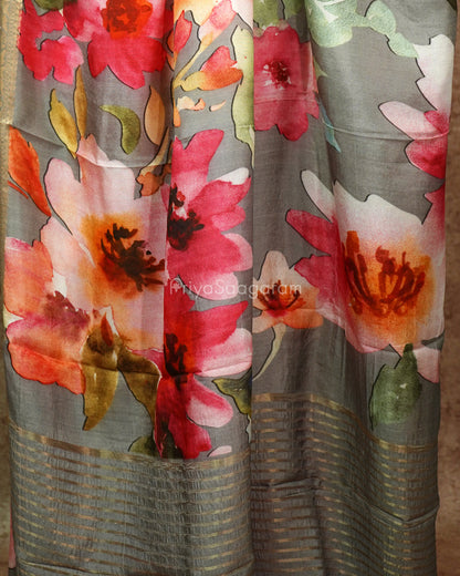 Dark Grey Floral Chiniya Silk - PD990