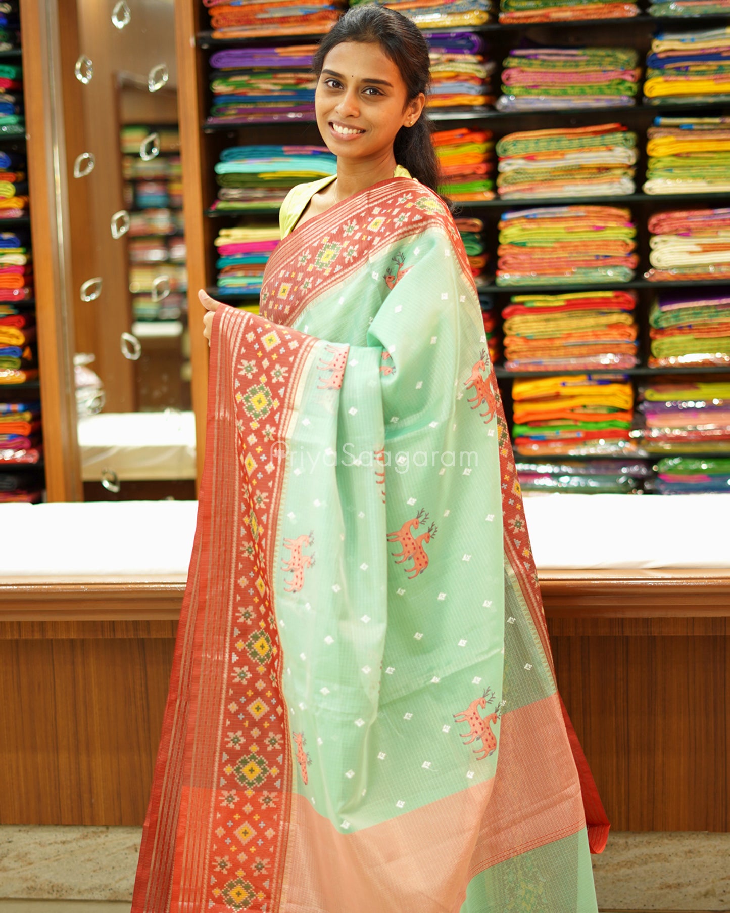 Sea Green Wildlife Embroidery Silk Kota - PD742