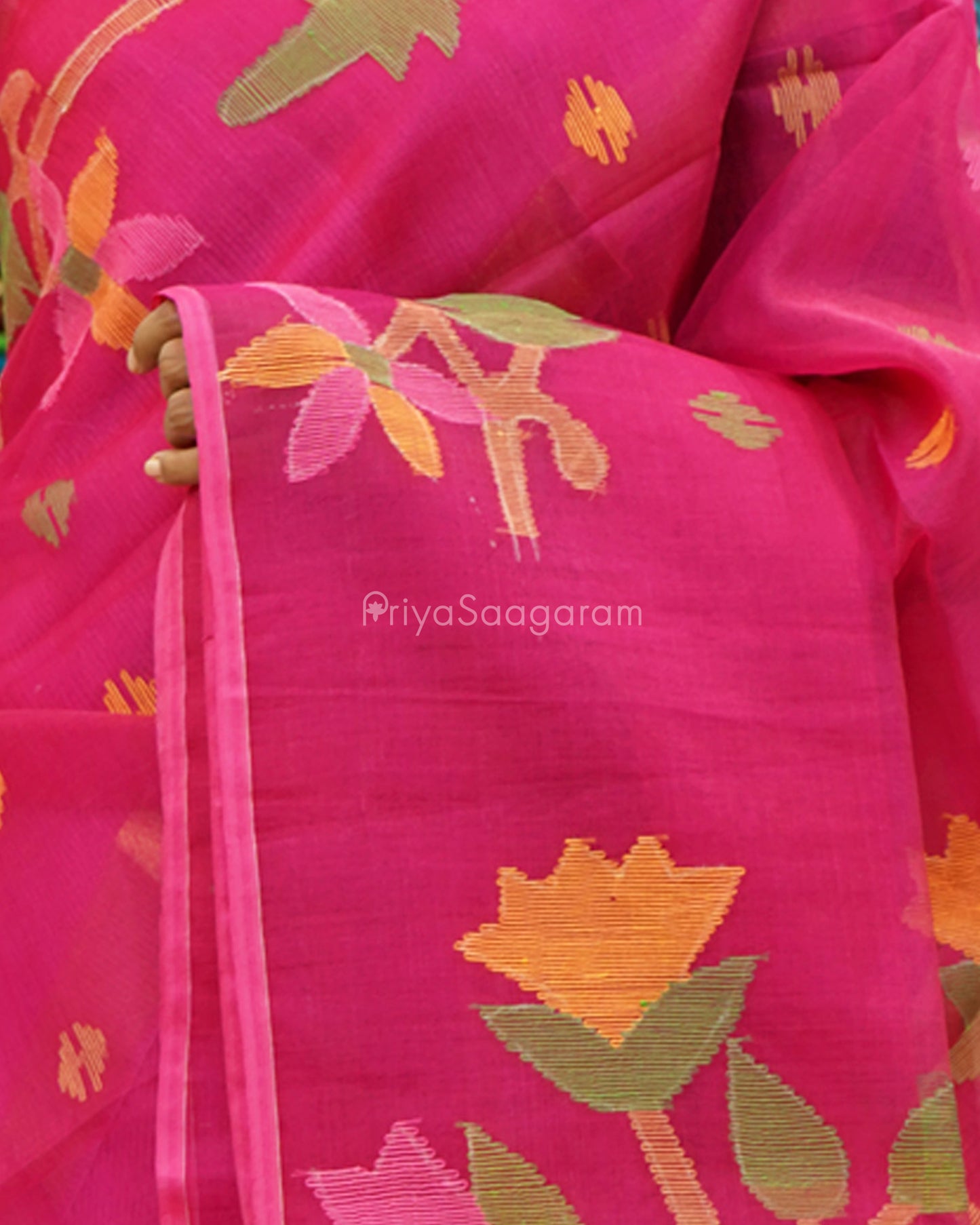 Rani Pink Jamdani Muslin Organza - PD257