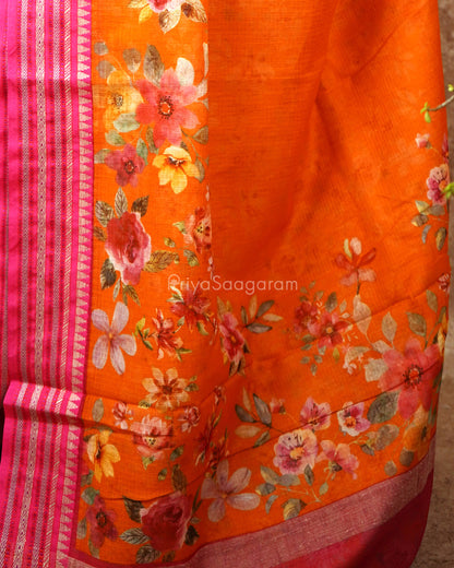 Orange Pink Silk Cotton Kota - PD836