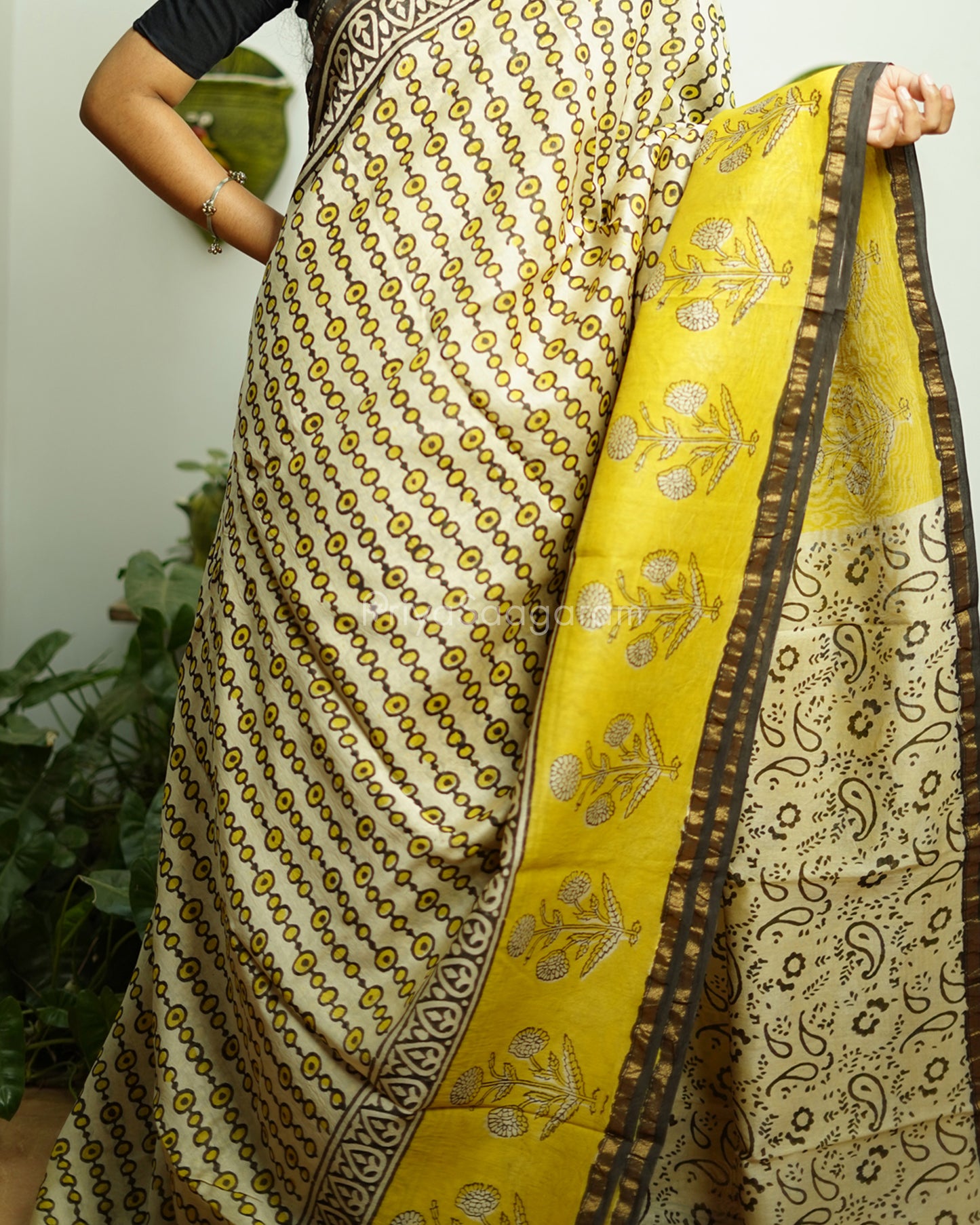 Black Yellow Bagru Print Chanderi - PD366