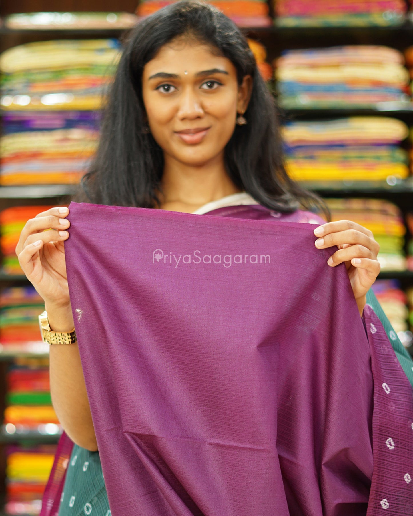 Green and Violet Bandhini Tussar Organza - PD1198