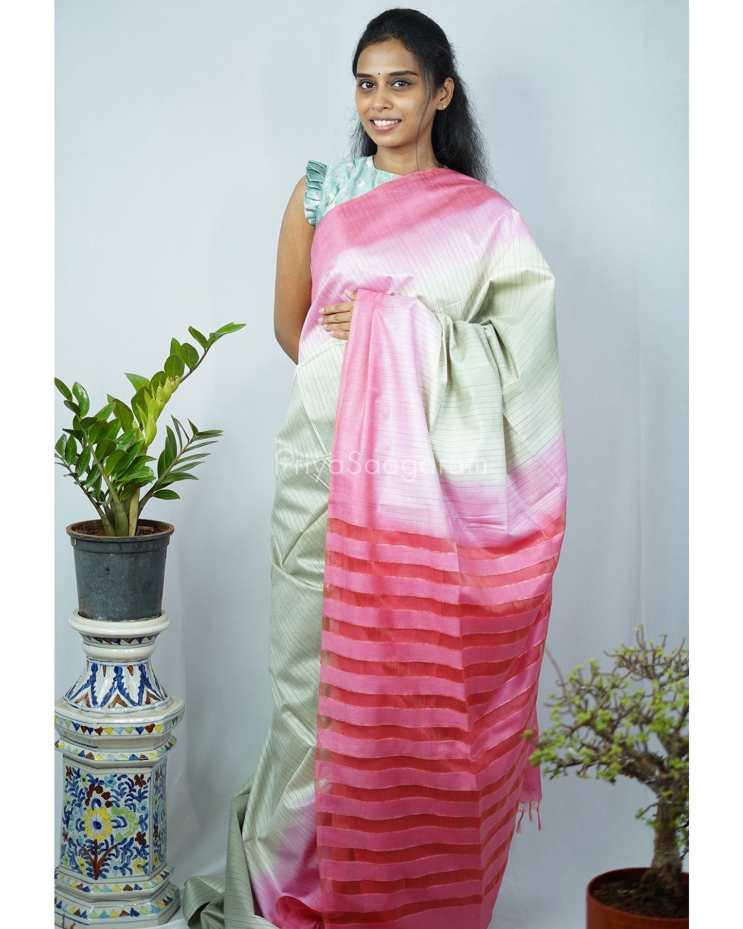 Cream Pink Tussar Organza - PD1219