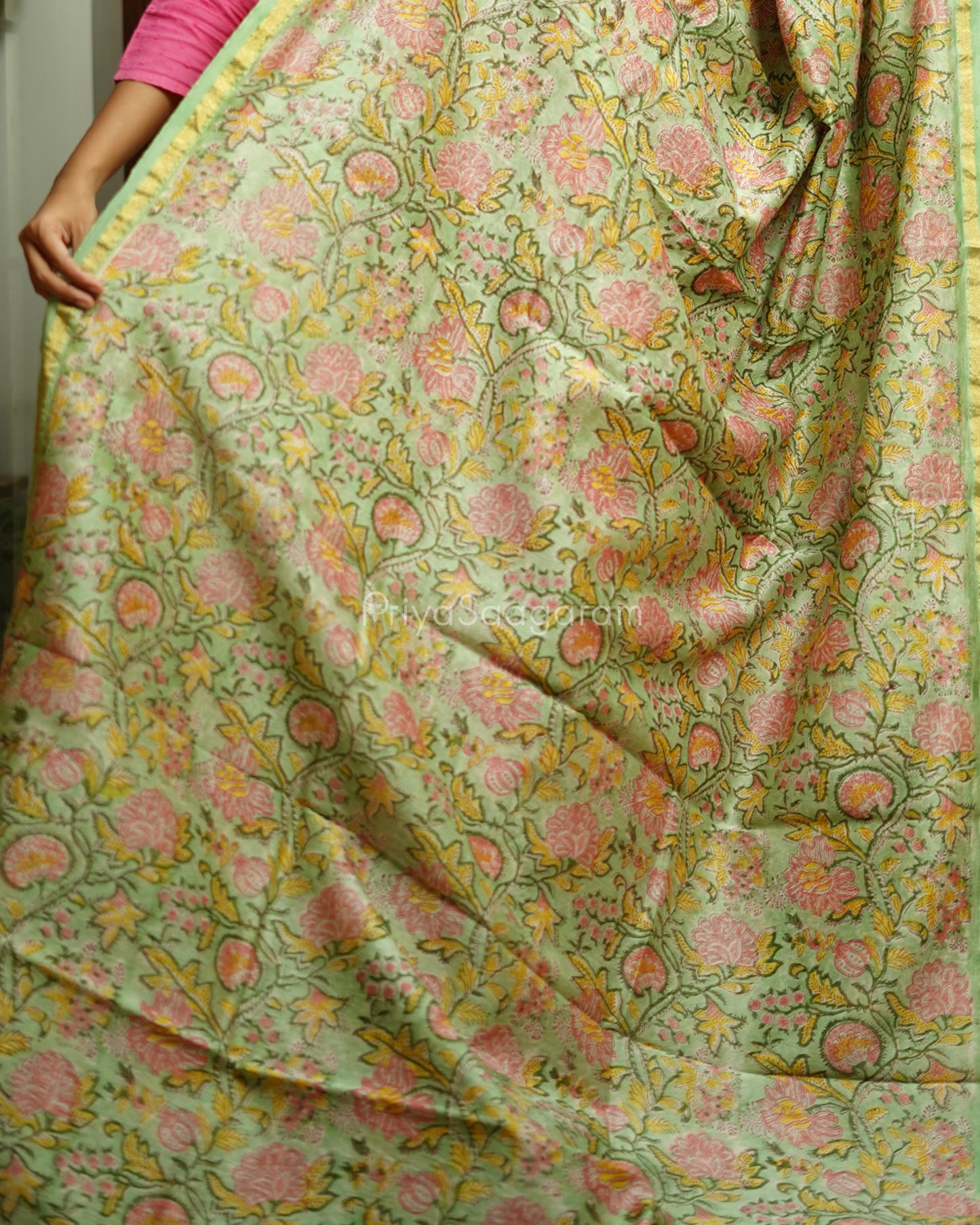 Green Floral Blockprint Chanderi - PD368