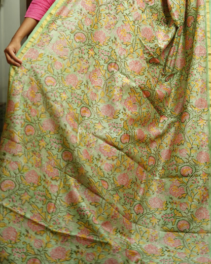 Green Floral Blockprint Chanderi - PD368