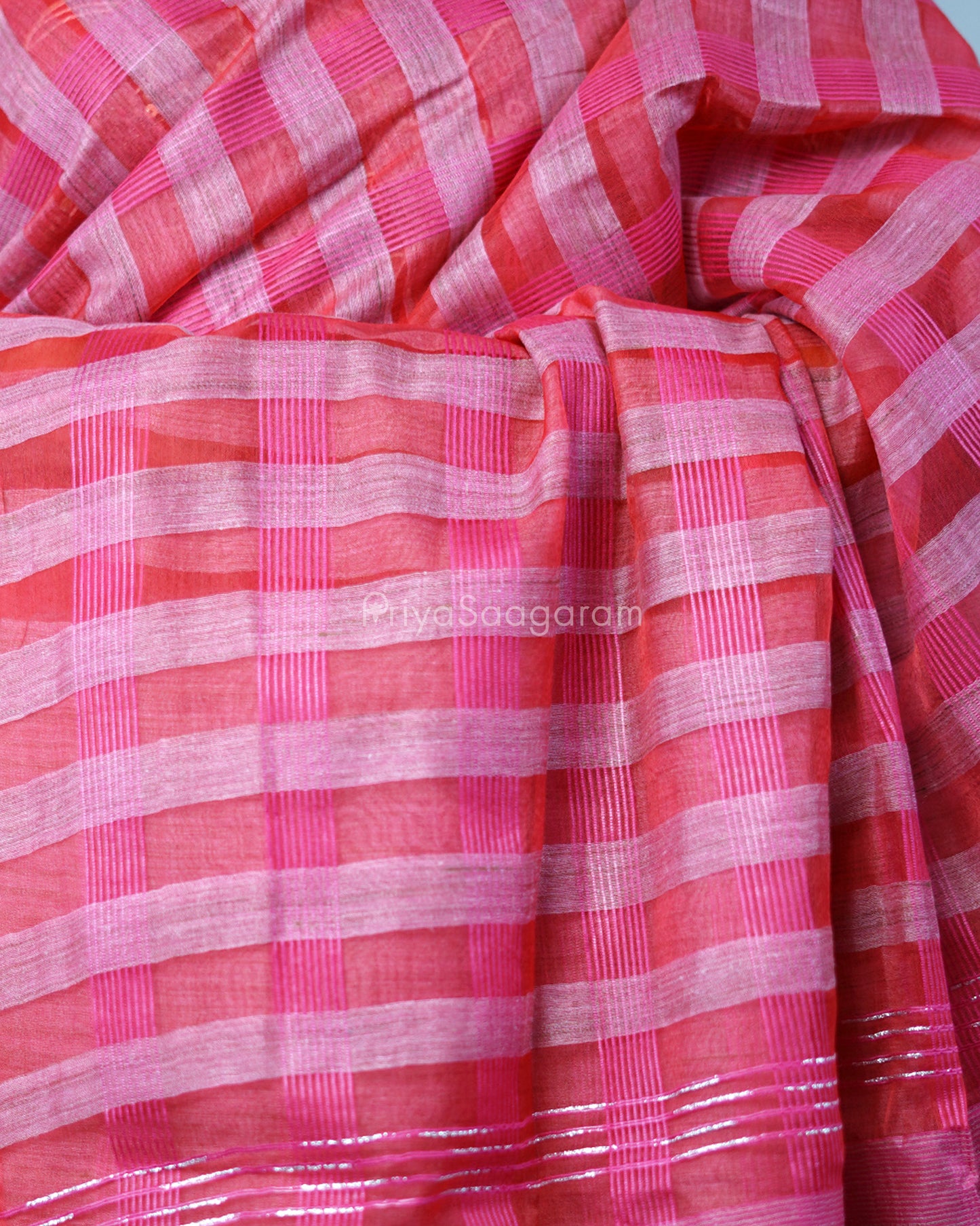 Rouge Pink Checked Tussar Organza - PD1201