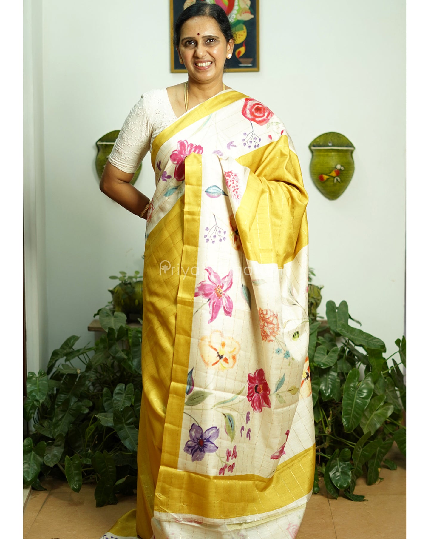 Yellow Floral Tussar - PD810