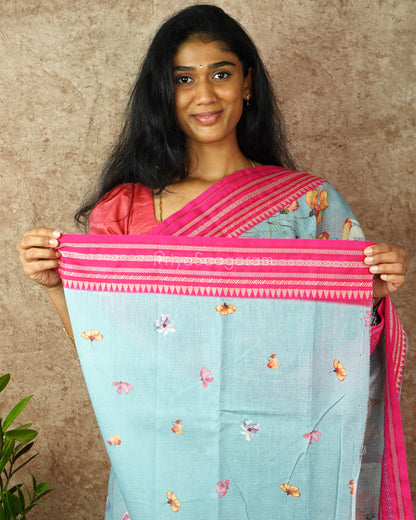 Blue Pink Silk Cotton Kota - PD834