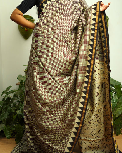 Black Checked Bagru Print Chanderi - PD370