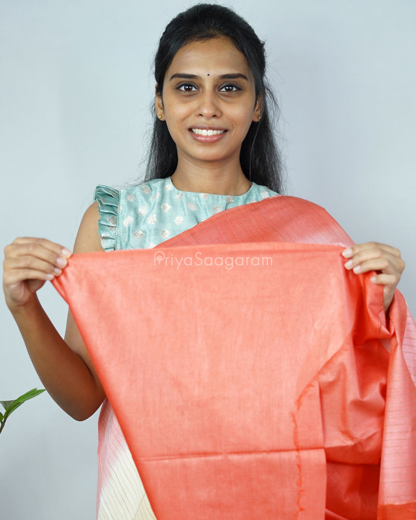 Cream Peach Red Tussar Organza - PD1216
