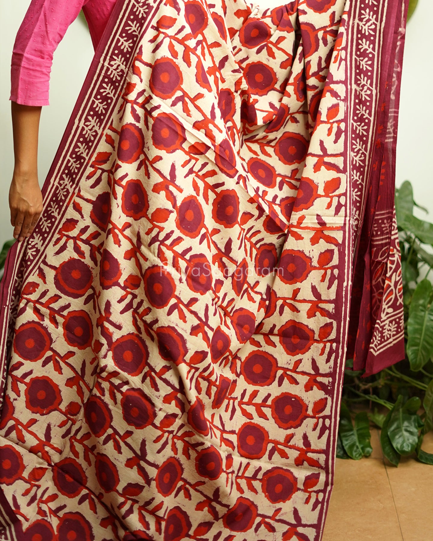 Maroon Floral Blockprint Pure Cotton - PD305