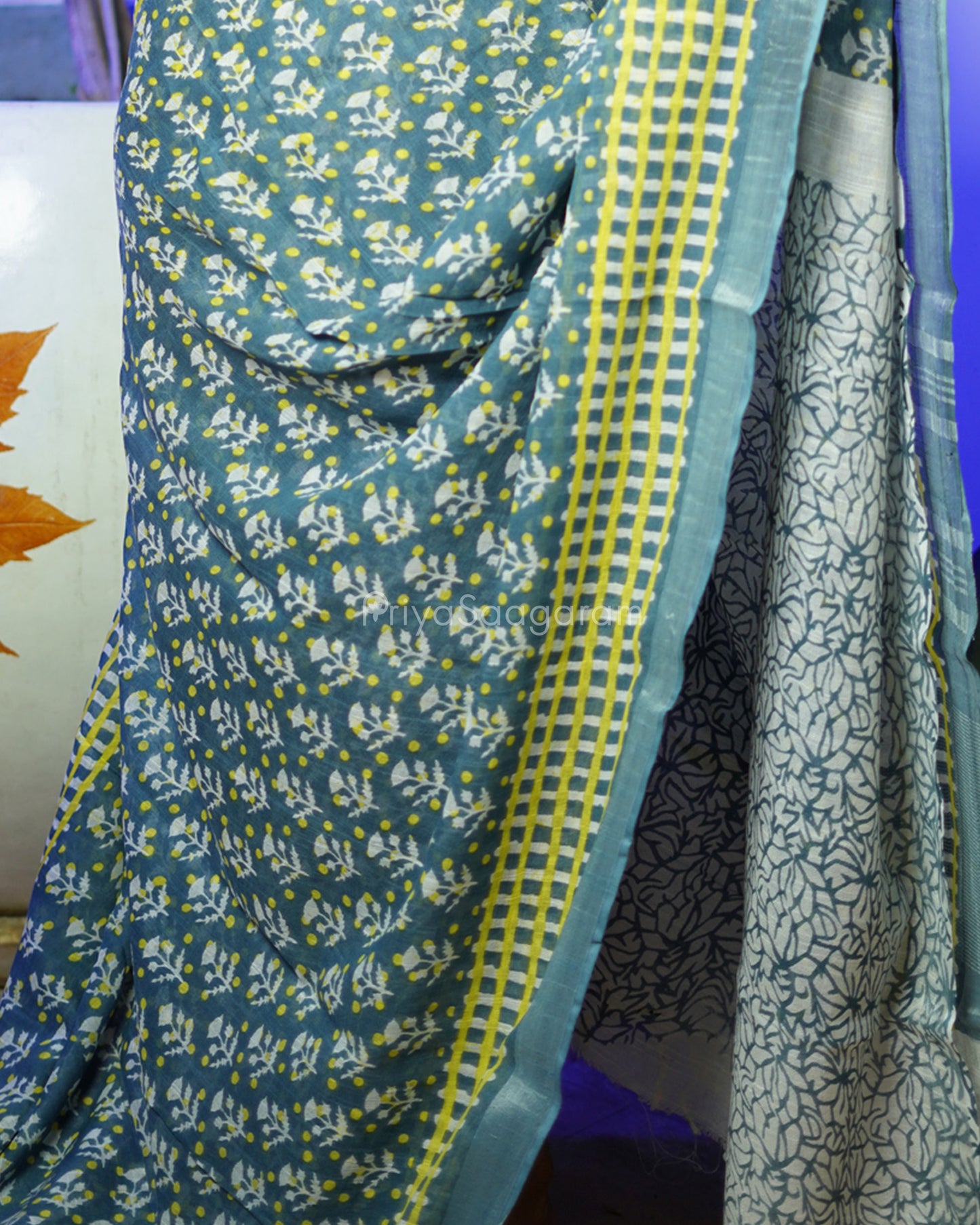 Blue Grey Floral Blockprint Linen - PD264