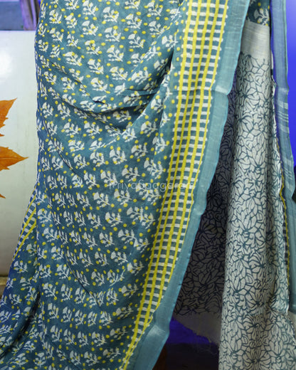 Blue Grey Floral Blockprint Linen - PD264