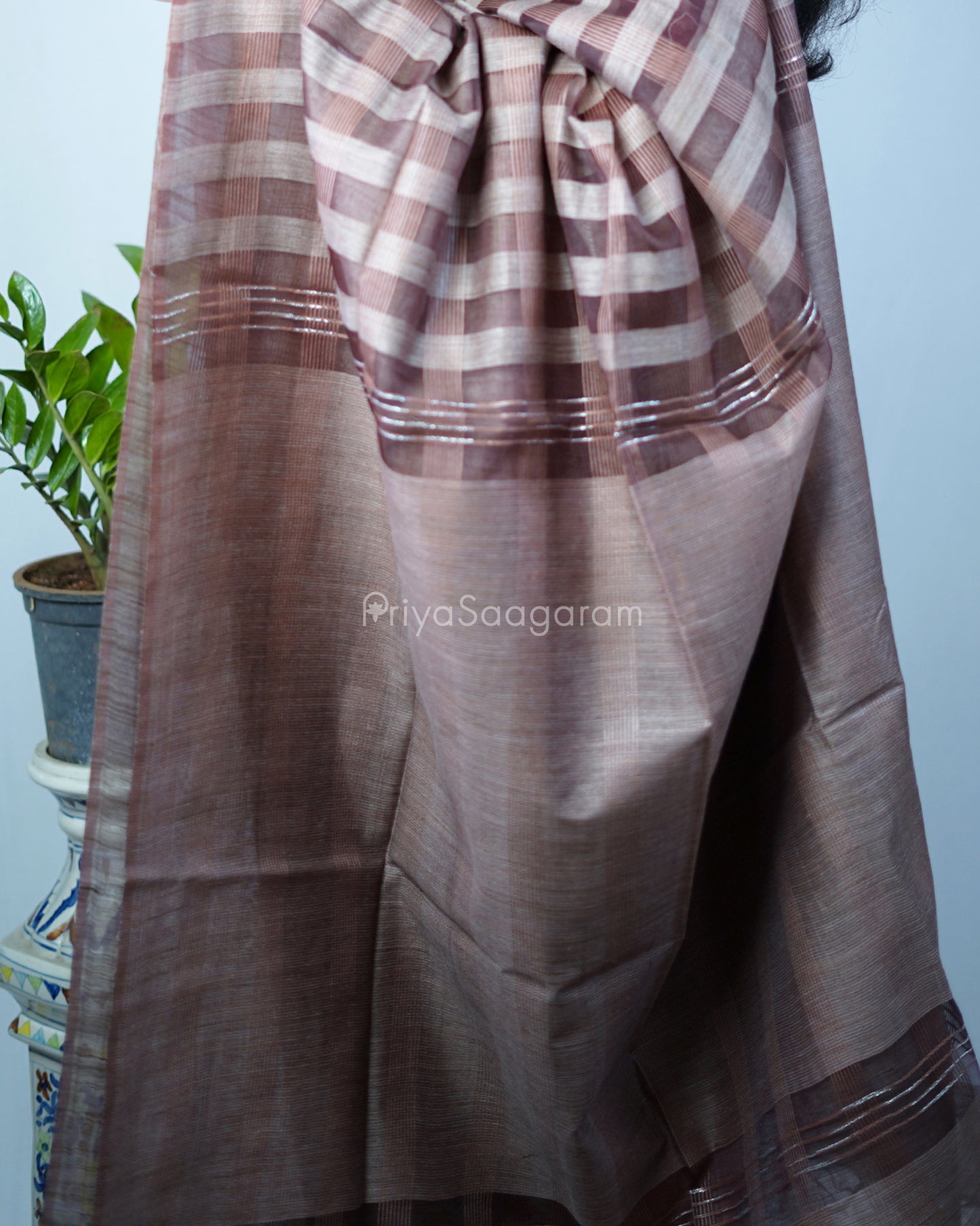 Chocolate Brown Checked Tussar Organza - PD1203
