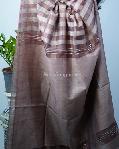 Chocolate Brown Checked Tussar Organza - PD1203