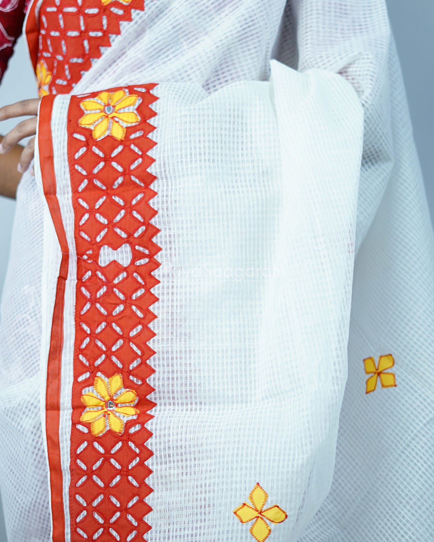 White Red Applique Cotton Kota - PD1419