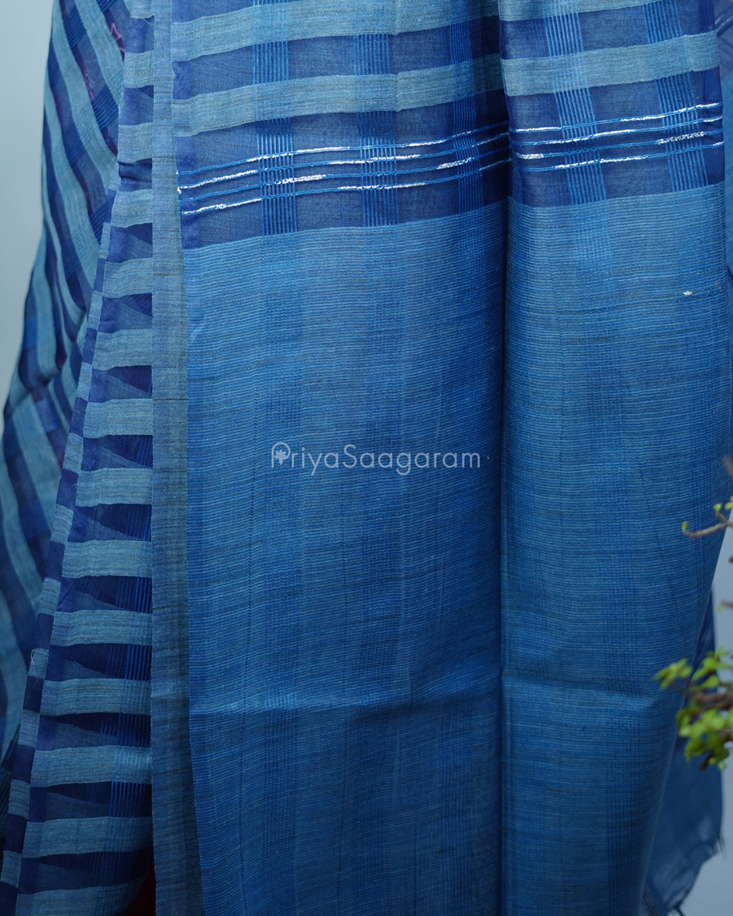 Dark Blue Checked Tussar Organza - PD1202