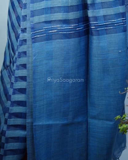 Dark Blue Checked Tussar Organza - PD1202