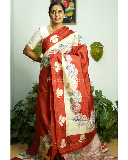 Red Floral Embroidery Tussar - PD808