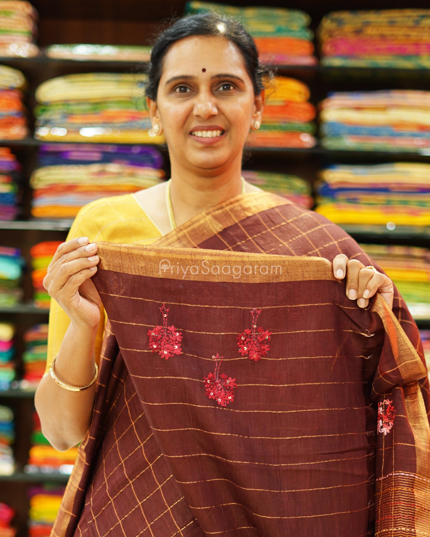 Coffee Brown Checked Embroidery Tussar - PD1351