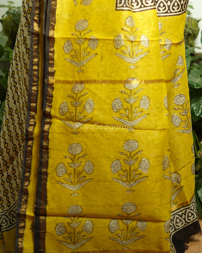 Black Yellow Bagru Print Chanderi - PD366