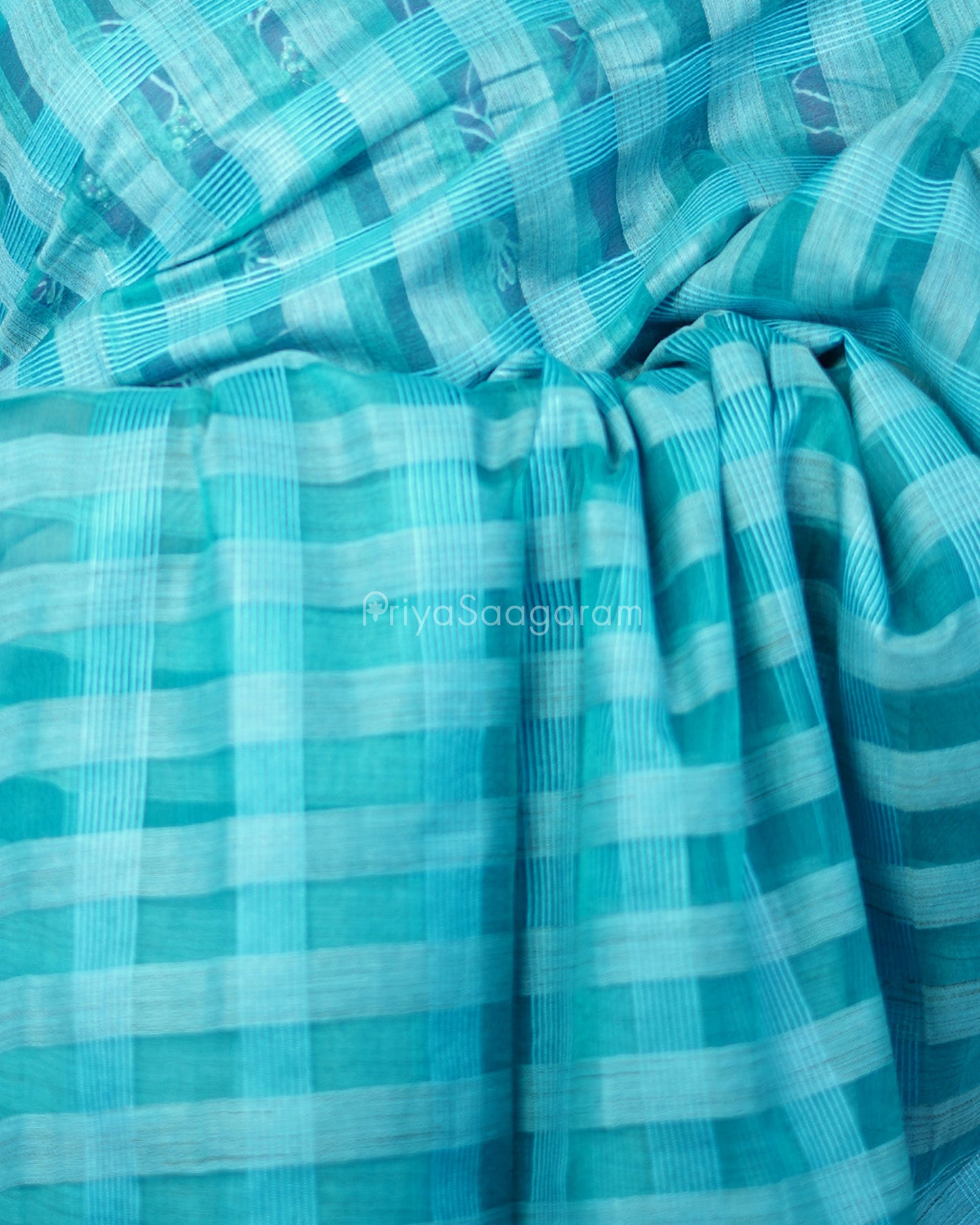 Sea Green Checked Tussar Organza - PD1204