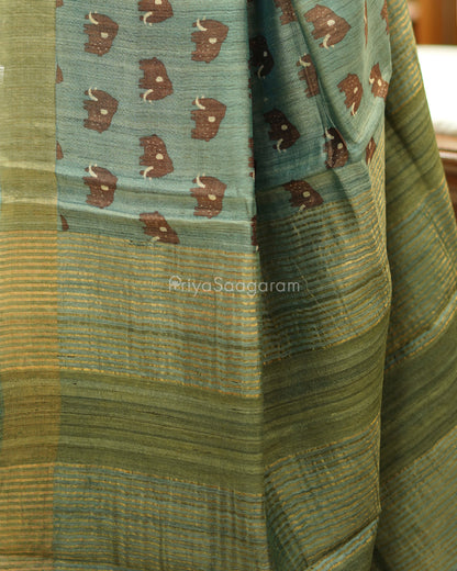 Green Elephant Printed Tussar - PD528