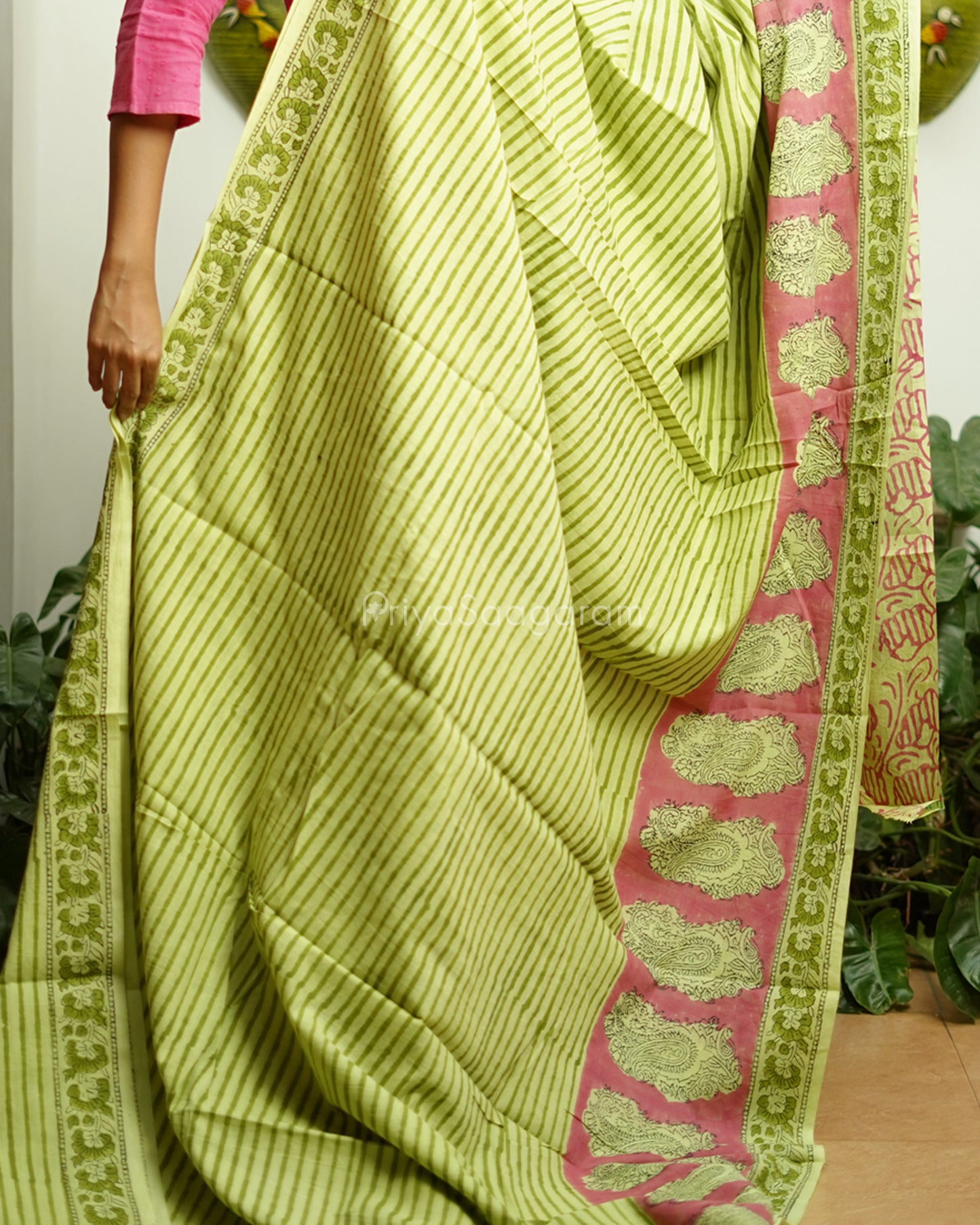 Green Striped Blockprint Pure Cotton - PD374