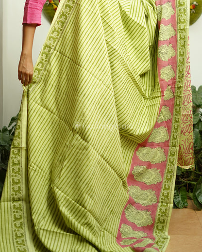 Green Striped Blockprint Pure Cotton - PD374